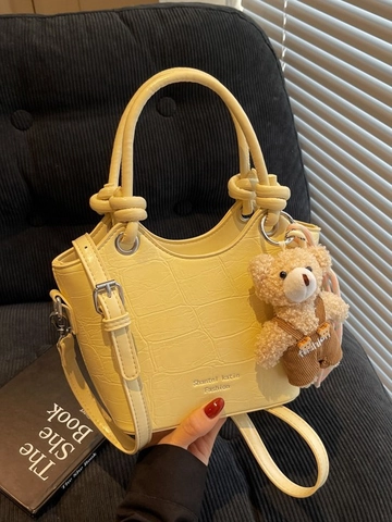 Women Crocodile Embossed PU Leather Bucket Bag Large Capacity Crossbody Handheld Shoulder Bag With Teddy Bear Charm Fashion