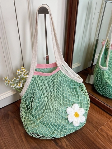 Borsa Tote in Cotone Lavorata a Mano con Fiori per Donna Borsa da Shopping in Rete all'Uncinetto con Decorazione Margherita