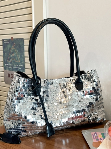 Damen Mode Pailletten Tote Bag Glitzernde Metallische Reflektierende Schultertasche Luxus Unterarm Handtasche Sommer Stil