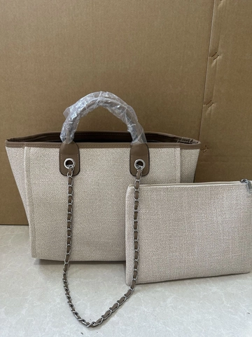 Damen Große Kapazität Leinwand Tragetasche Mit Kette Schultergurt Kontrast Leder Besatz Zweiteilige Mode Tasche