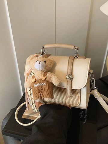 Retro Women PU Leather Crossbody Bag Small Square Satchel With Bear Charm Color Contrast Fashion Top Handle Shoulder Bag