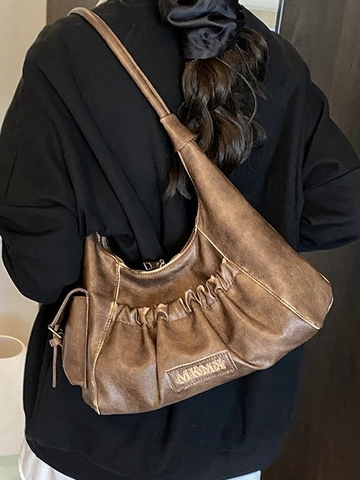 Vintage Ruched PU Leather Underarm Bag For Women Fashion Solid Color Pleated Hobo Shoulder Bag With Functional Side Pocket
