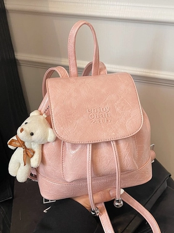 Sac à Dos Mini en Cuir PU Plissé à la Mode Femmes Douce Sac Seau Rétro Avec Porte-clés Ours Cordon de Serrage Rabat Sac à Bandoulière École
