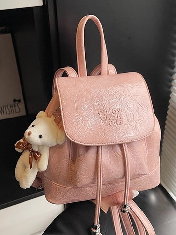 Sac à Dos Mini en Cuir PU Plissé à la Mode Femmes Douce Sac Seau Rétro Avec Porte-clés Ours Cordon de Serrage Rabat Sac à Bandoulière École