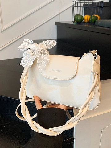 Bolso de Axila para Mujer de Cuero PU con Correa Trenzada y Lazo de Encaje Bolso de Hombro de Color de Contraste