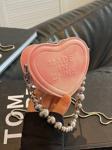 Borsa a Tracolla Mini a Cuore da Donna Alla Moda Borsa a Mano in Pelle PU Con Catena a Sfere in Metallo Lettere a Rilievo