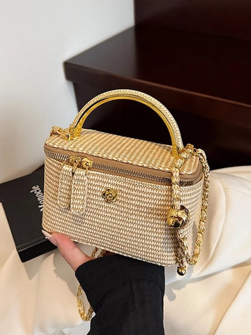 Βίντατζ Υφαντή Τσάντα Vanity Case από Δέρμα PU Με Μεταλλική Λαβή Λουράκι Αλυσίδα Διακόσμηση Καμέλια Κομψή Τσάντα Crossbody