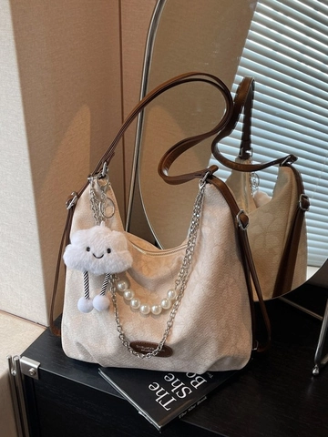 Bolso Tote De Gran Capacidad Para Mujer Casual Vintage Estampado Floral PU Hombro Con Cadena Perlas Artificiales