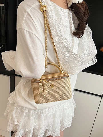 Βίντατζ Υφαντή Τσάντα Vanity Case από Δέρμα PU Με Μεταλλική Λαβή Λουράκι Αλυσίδα Διακόσμηση Καμέλια Κομψή Τσάντα Crossbody