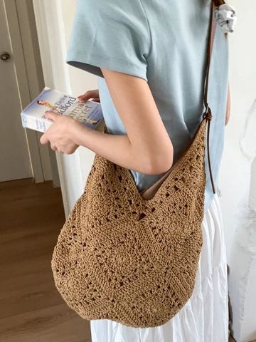 Women Large Capacity Straw Woven Tote Bag Handmade Crochet Hollow Shoulder Bag Bohemian Beach Vacation Hobo Bag Adjustable Leather Strap