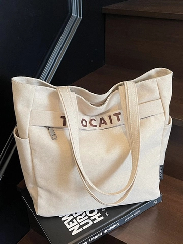Women Large Capacity Canvas Tote Bag Fashion Letter Print Shoulder Bag Urban Minimalist Daily Office Commuter Handbag