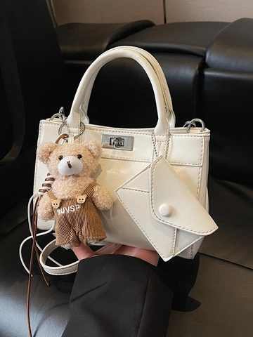 Fashion Women PU Leather Handbag With Bear Charm Mini Pouch Vintage Crossbody Shoulder Bag Small Square Bag For Daily Use