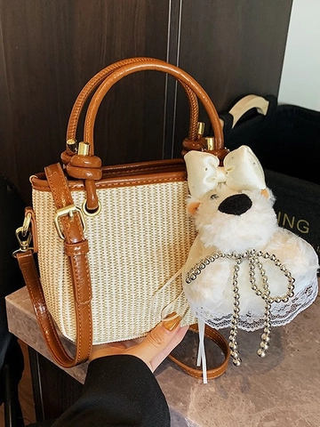 Women Woven PU Leather Bucket Bag Summer Contrast Color Crossbody Bag Small Handbag With Plush Bear Charm Shoulder Bag