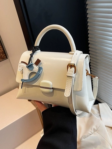 Women Fashion PU Leather Small Square Bag Trendy Tote With Horse Pendant Minimalist Underarm Shoulder Crossbody Handbag