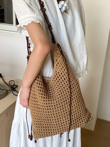 Borsa Tote Intrecciata Traforata da Donna Grande Capacità Secchiello Bohemien Borsa a Tracolla in Paglia Fatta a Mano Con Perline di Legno