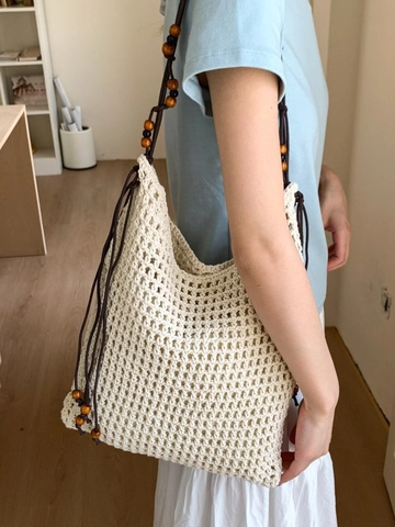 Borsa Tote Intrecciata Traforata da Donna Grande Capacità Secchiello Bohemien Borsa a Tracolla in Paglia Fatta a Mano Con Perline di Legno