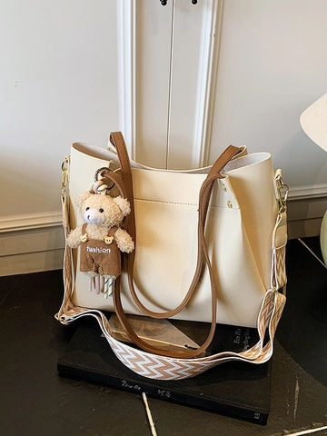 Women Large Capacity PU Leather Tote Bag Fashion Commuter Shoulder Bag With Cute Bear Charm Wide Strap Litchi Texture Handbag