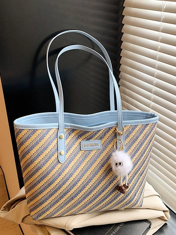 Women Large Capacity Urban Minimalist PU Tote Bag Fashion Striped Woven Pattern Shoulder Bag With Plush Monster Pendant