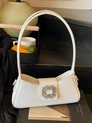 Fashion Glossy PU Underarm Bag For Women With Square Rhinestone Buckle Solid Color Shoulder Bag Chic Baguette Bag Daily Purse
