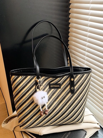 Women Large Capacity Urban Minimalist PU Tote Bag Fashion Striped Woven Pattern Shoulder Bag With Plush Monster Pendant