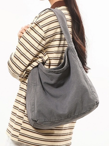 Borsa Tote in Tela Lavata a Grande Capacità per Donna Tinta Unita Versatile Borsa a Tracolla Hobo Borsa per Studenti