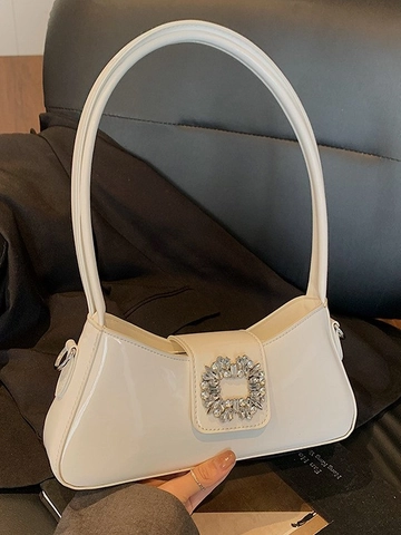 Fashion Glossy PU Underarm Bag For Women With Square Rhinestone Buckle Solid Color Shoulder Bag Chic Baguette Bag Daily Purse