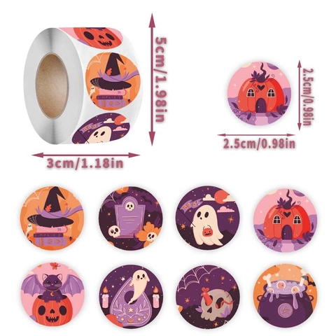 Adesivi a Rotolo per Halloween Rotondi Cartone Animato Zucca Fantasma Cappello da Mago Etichetta Autoadesiva per Decorazione Regali Festa Bambini
