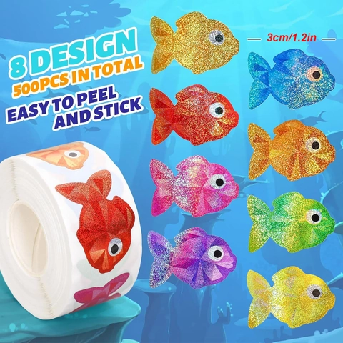 Bunte Cartoon Fisch Laser Glitzer Aufkleber Rolle Tier Siegeletiketten Für Scrapbooking Geschenkverpackung DIY Bastel Dekoration