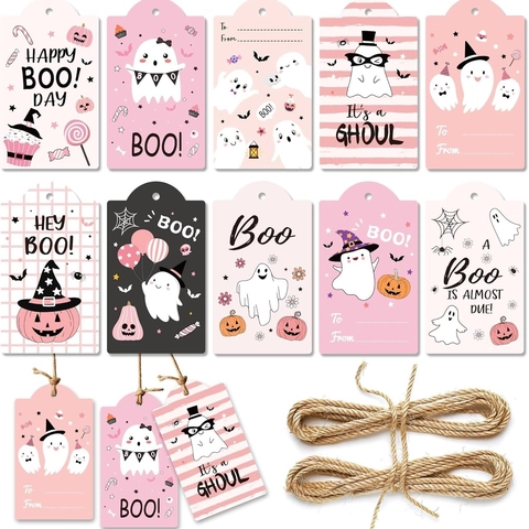 Etichette Regalo Halloween Rosa Fantasma Zucca Con Corda Di Canapa Carta Adesiva Stampata Cartoon Boo Per Decorazione Festa