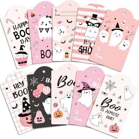 Etichette Regalo Halloween Rosa Fantasma Zucca Con Corda Di Canapa Carta Adesiva Stampata Cartoon Boo Per Decorazione Festa
