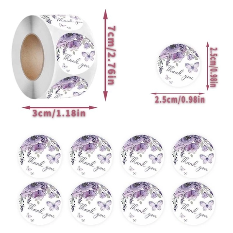 Purple Floral Thank You Stickers Round Butterfly Pattern Decorative Adhesive Labels For Gift Packaging Envelope Sealing