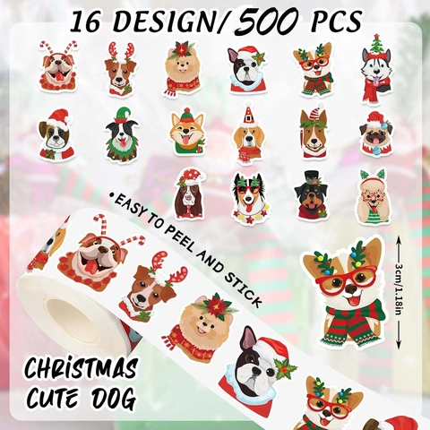 Rotoli di Adesivi Multicolore con Cani di Natale in Cartone Animato per Confezioni Regalo e Decorazione di Buste