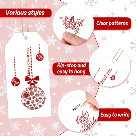 Christmas Gift Tags With Hemp Rope Coated Paper Snowflake Reindeer Pattern Festive Holiday DIY Label Tags For Wrapping