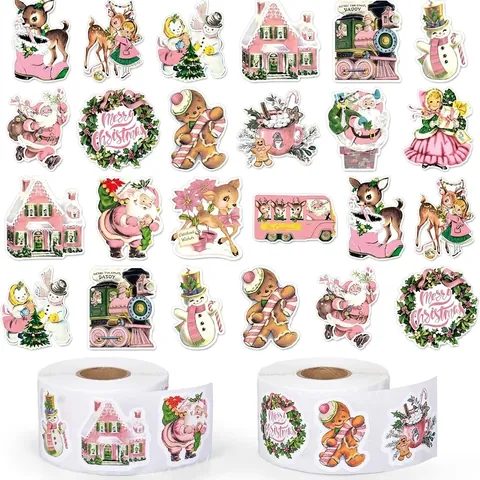 Adesivi Natalizi Vintage Retro Rotolo Rosa Acquerello Babbo Natale Renna Pupazzo di Neve Decalcomanie Autoadesive per Decorazione Festa Confezione Regalo