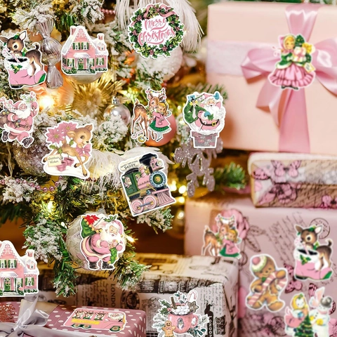 Adesivi Natalizi Vintage Retro Rotolo Rosa Acquerello Babbo Natale Renna Pupazzo di Neve Decalcomanie Autoadesive per Decorazione Festa Confezione Regalo