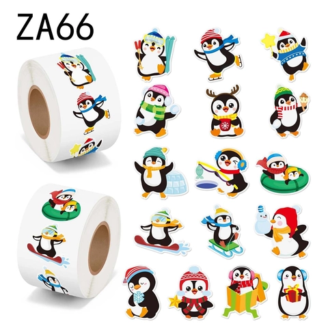 Rollo de Pegatinas de Pingüinos de Dibujos Animados Etiquetas de Recompensa para Niños Patrón de Deportes de Invierno Escuela