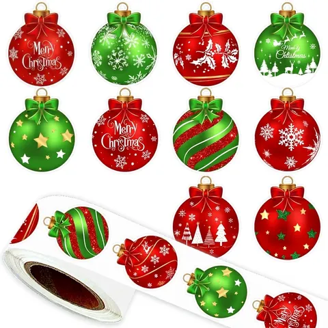 Christmas Ornament Sticker Roll Merry Christmas Red Green Snowflake Reindeer Patterns For Holiday Gift Box Envelope Sealing Labels Decoration