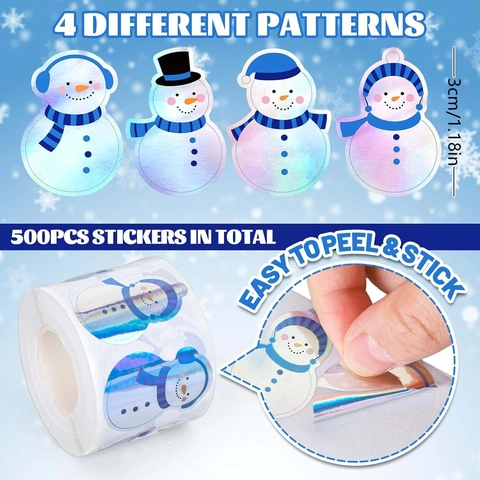 Adesivi Olografici Pupazzo di Neve di Natale in Rotolo Etichette Laser Impermeabili per Confezioni Regalo Fai da Te