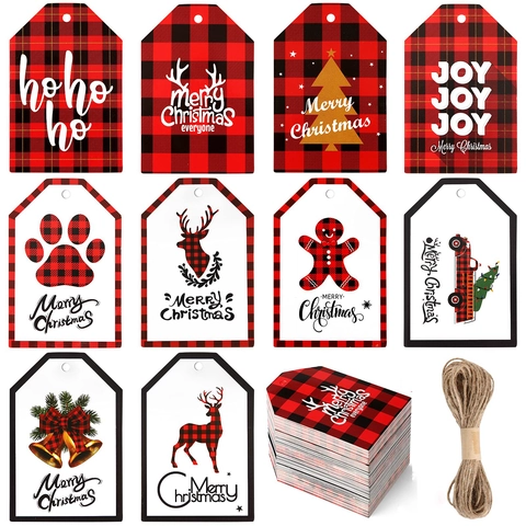 Christmas Gift Tags Red Black Buffalo Plaid Hanging Labels With Hemp Rope For Holiday Party Gift Wrapping Festive Decoration