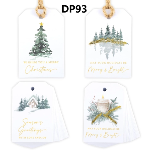 Aquarel Kerst Cadeaulabels Met Touw Kerstboom Kaars Hut Bos Patroon Papier Hangende Labels Voor Feestdagen Cadeau Decoratie