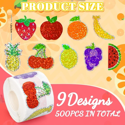 Rouleau d'Autocollants Pailletés Laser Fruits d'Été Pomme Citron Fraise Imperméable Étiquettes de Scellage Rondes DIY Décoration pour Enfants