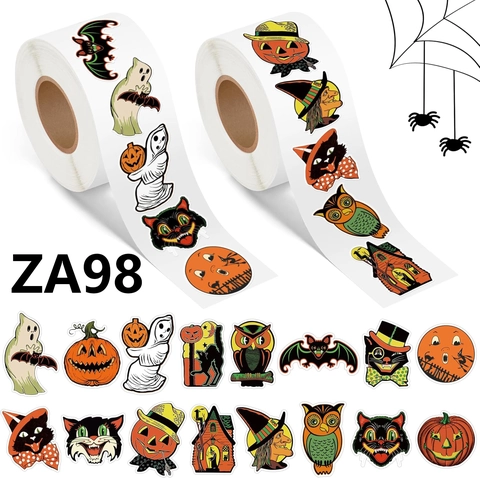 500 Pièces Autocollants d'Halloween Vintage 2 Rouleaux Citrouille Chat Noir Sorcière Fantôme Étiquettes de Scellage Auto-Adhésives pour Fête