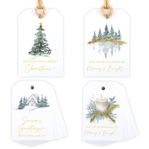 Aquarel Kerst Cadeaulabels Met Touw Kerstboom Kaars Hut Bos Patroon Papier Hangende Labels Voor Feestdagen Cadeau Decoratie