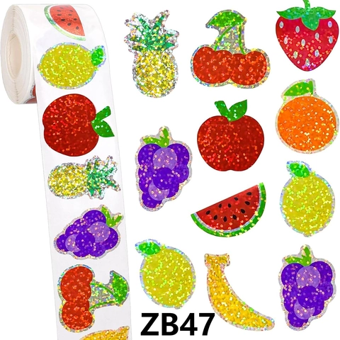Rouleau d'Autocollants Pailletés Laser Fruits d'Été Pomme Citron Fraise Imperméable Étiquettes de Scellage Rondes DIY Décoration pour Enfants