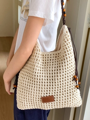 Handgefertigte Stroh Gewebte Tragetasche Mit Holzperlen Riemen Große Kapazität Schultertasche Für Sommer Strand Urlaub Damen