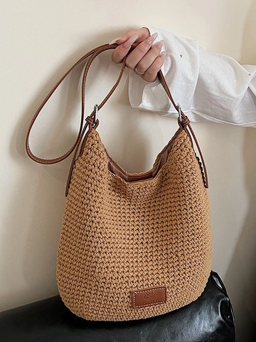 Elegante Borsa a Secchiello in Microfibra Intrecciata da Donna Grande Capacità Borsa a Tracolla Estiva Cinghia Regolabile