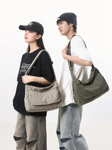 Bolso Bandolera de Lona Lavada de Gran Capacidad para Mujer Bolso de Mensajero Hombro Tote Minimalista Japonés para Estudiantes Diario
