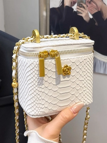Borsa a Tracolla Mini Box da Donna con Motivo Serpente in Pelle PU Goffrata Catena Tracolla con Ciondolo a Fiore Ferramenta Dorata