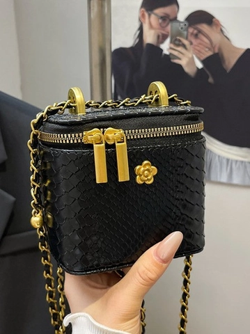 Borsa a Tracolla Mini Box da Donna con Motivo Serpente in Pelle PU Goffrata Catena Tracolla con Ciondolo a Fiore Ferramenta Dorata