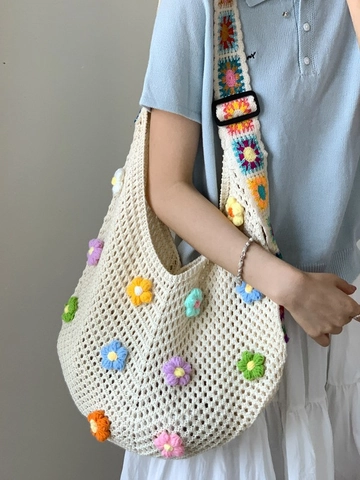 Sac Cabas à Fleurs Crocheté à la Main pour Femmes Sac à Bandoulière en Tricot Ajouré Bohème Grande Capacité Plage Vacances